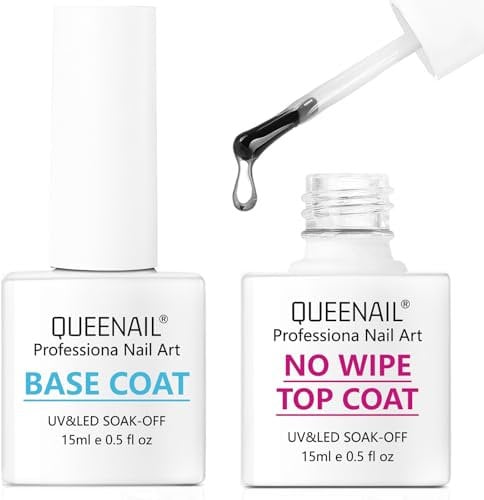 2Pcs 15ml Gel Nail Polish Base Coat and Top Coat Set,No Wipe Base and top coat Gel Nail Polish Nail Bond Primer,UV lamp curing is required for 120 seconds,Gloss Shiny Long Lasting