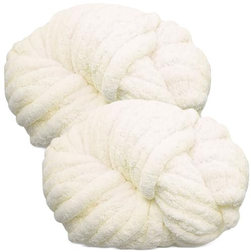 Bechoanigel 2 Stück Dicke Wolle Garn 500g, Armstricken Dickes Garn, XXL Weiches Chunky Wolle, Super Weich Chenille zum Häkeln für Decken, Schals, Mützen, Haustier Nest (Milchig Weiß)