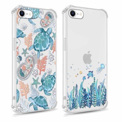 Yomjew 2 Pack Cute Blue Turtle Phone Case for iPhone 7/8 / SE 2020/2022 4.7, Aesthetic Cartoon Animal Design Clear Cases Slim Soft Silicone TPU Shockproof Protective Fundas for Girls Women Men