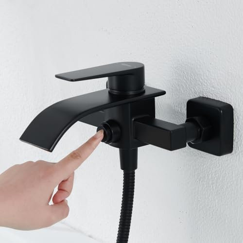 Kelleria Rubinetto per vasca da bagno, design a cascata, in ottone, con interruttore a pressione per vasca e doccia, miscelatore monocomando, montaggio incluso accessori, colore nero