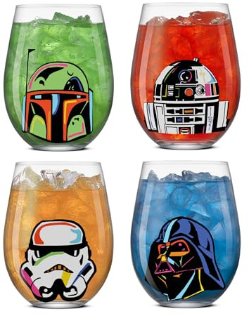 JoyJolt Star Wars Cosmic Color Stemless Drinking Glasses, 19oz Glass Cups ft Darth Vader, Stormtrooper, Boba Fett, R2-D2 - Star Wars Kitchen Glasses Set of 4, Gifts for Men, Women & Adults