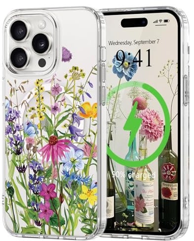 L-FADNUT Magnetic for iPhone 14 Pro Max Case, Compatible with Magsafe Floral Pattern Design, Clear Girly Flower Cover Slim Bumper Shockproof Protective Phone Case for iPhone 14 Pro Max Green
