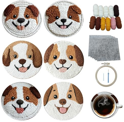 Xinpinzhou 6pcs Hund Punch Needle Untersetzer Set Anfänger Kinder Erwachsene, Tier Punchneedle Stanznadel Untersetzer Set Anfänger, Punch Nadel Coaster Kit