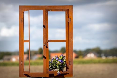 Der-Porzellan-Laden Deko-Fenster aus Metall mit Edelrost-Finish, 60 x 80 cm, perfekte Rost-Optik für Garten & Innenbereich, dekoratives Fenster auf Platte, langlebige und künstlerische Gestaltung