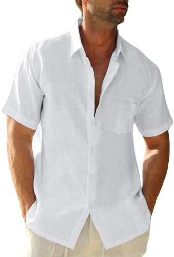 Glacspyg Camisa Lino Manga Corta Hombre Casual Trabajo Entallada Negocios Verano Playa Bolsa