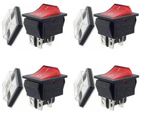 Leloco 4 Stück Wippenschalter mit Wasserdichte Abdeckung Geräteschalter 2 polig IP54 16A 250V rote Wippe Beleuchtet Wippenschalter