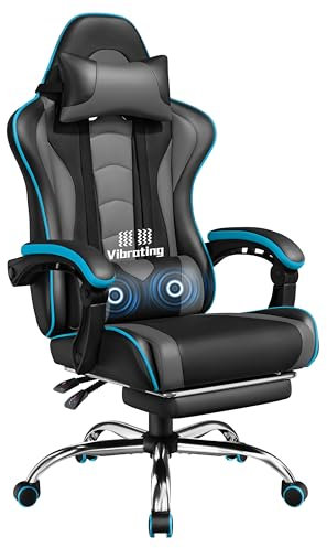 Yaheetech Chaise Gaming Massante Ergonomique Fauteuil Gamer Dossier et Appui-tête Hauteur Réglable avec Repose-Pied Similicuir Charge 136kg Noir/Gris