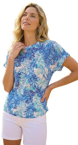 Roman Originals T-Shirt for Women UK - Ladies Tee Shirt Summer Top Holiday Day Causal Short Sleeve Blouses Round Crew Boat Neck Lightweight - Burnout Blue - Size 16