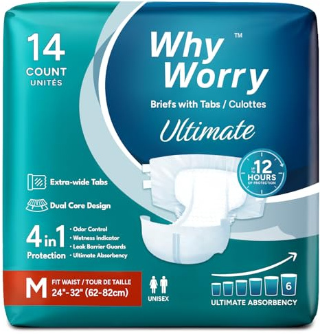 WhyWorry Ultimate Windeln für Erwachsene, Inkontinenz Slip für Frauen und Männer, Erwachsenen Windel mit ultimativ Saugfähigkeit, Auslaufschutz über Nacht, Unisex, Größe M, 14 Stück