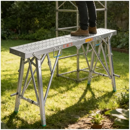 Portable Work Platform Adjustable Height Folding Scaffold Steel Construction Hollowed Anti Slip Traction for Household Drywall Projects(160x25cm/63x9.8in)