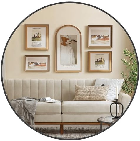 SONGMICS Runder Spiegel, Wandspiegel, Metallrahmen, 91 cm | Modern, einfache Montage, für Bad, Wohnzimmer, Schlafzimmer, Flur, mattschwarz, BERIT Kollektion LWM105B01