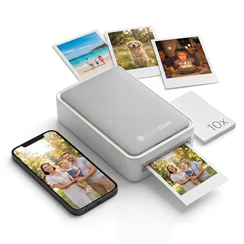 Silvergear® Stampante fotografica per smartphone, mini stampante Bluetooth con app, iOS e Android, stampante istantanea da 300 dpi, sublimazione a colori a 4 pass, matrimonio e journaling, con fogli