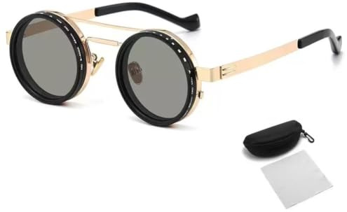 Jnchdghwa Verstellbare Sonnenbrille, Polarisiert, 1-9 Stufen, Manuelle Dimmung, Runder Steampunk-Metallrahmen, UV400-ND-Filter, B1400 Gold