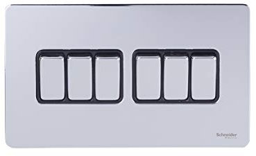 Schneider Electric Ultimate schraubenlose flache Platte – 6-Gang-Kippschalter, 2-Wege-Lichtschalter, einpolig, 16AX, GU1462BPC, poliertes Chrom mit schwarzem Einsatz
