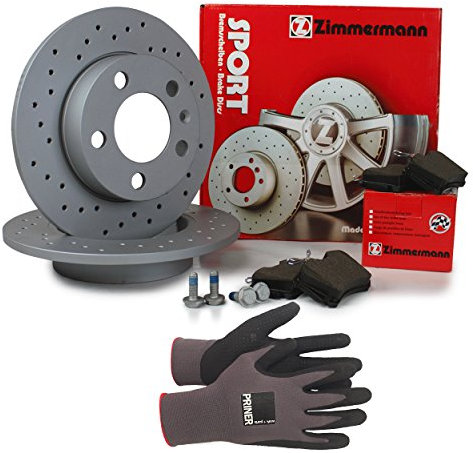 Inspektionspaket Zimmermann Sport Bremsen Set inkl. Bremsscheiben Ø 253 mm und Bremsbeläge für hinten, 100% passend für Ihr Fahrzeug, inkl. Priner Montagehandschuhe, AN150