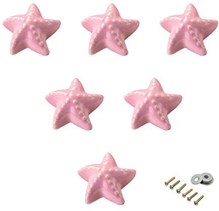 Juego de 6 manijas de armario de cerámica, cómoda, cajón, habitación infantil, puerta de armario, bonita estrella de mar, rosa