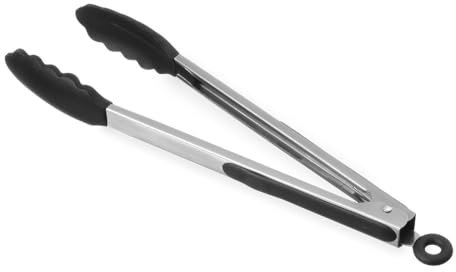 HENDI Pinzas para servir, con clip de fijación, utensilio de cocina para servir verduras, vegetales, alimentos, tenazas de silicona resistentes multiusos, 345mm, negro, acero inoxidable