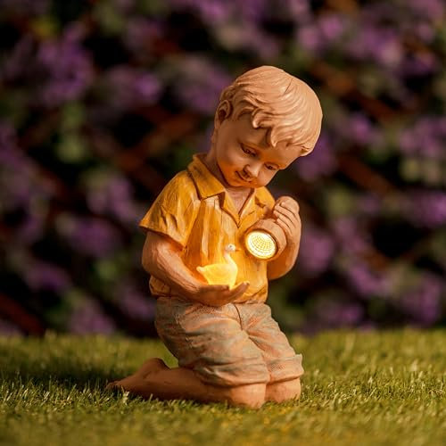 Garden Mile Large Solar Garden Ornament - Boy with Duck Garden Decoration Outdoor Statues Figurines with Solar Powered LED Lights for Gardens, Patio Decor, Hard-wearing Weatherproof Statue