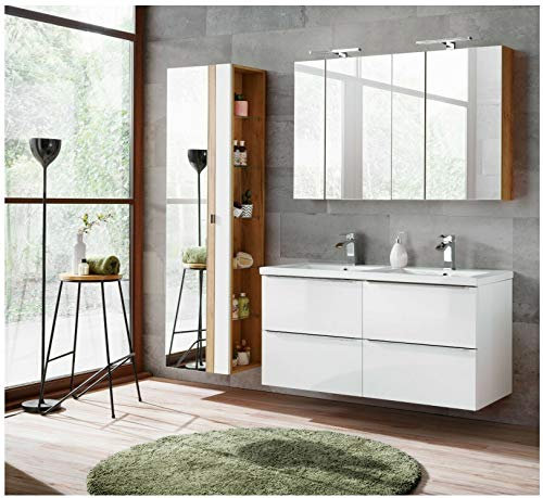 naka24 Badmöbel Set Capri Weiss Hochglanz 120 cm mit Doppelwaschbecken LED Soft - Close (Waschtisch Spiegelschrank Hochschrank)
