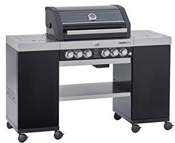 RÖSLE VIDERO G4–SL VARIO+, Îlot cuisine avec barbecue à gaz, 4 brûlers principaux, 1 brûler latéral et primezone, noir, version 2021