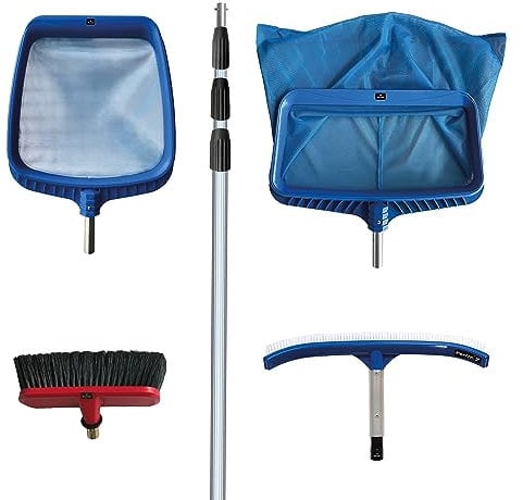 FenWi 6m Komplett Set zur Pool und Teich Reinigung und Pflege / 2X Kescher und 2X Bürste/Teleskopstange mit Oberflächenkescher Tiefenkescher Poolbürste Teichbürste