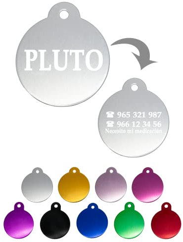 Ibera Gifts - Chapa Perro Grabada en Forma Redonda, Placa Perro Personalizada para Perros y Gatos Medianos a Grandes, Tamaño 30 x 30 mm, Chapa Identificativa Perro y Gato (Plateado)