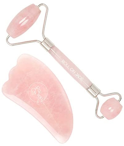 ROLL ON JADE - Kit Gua Sha Visage + Roll On Visage Anti-Age Quartz Rose brut 100% Naturel - Masseur Visage Naturel, Sculpte, Draine, Lisse la peau