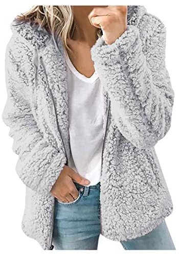 Kanpola Damen Plüschjacke Winterjacke Teddy Warm Hoodie Pullover Mit Kapuze Winter Reißverschluss Kapuzenjacke mit Tasches Einfarbig Lässige Jacken Mantel Oberteile