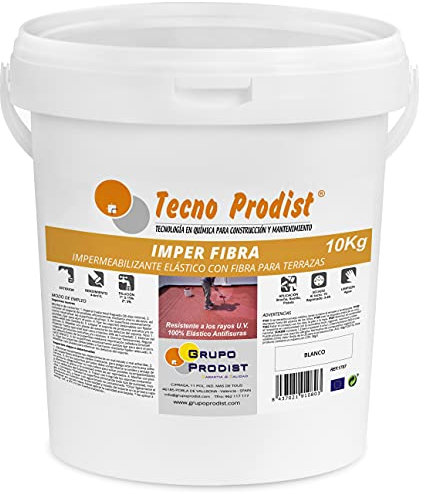 Tecno Prodist IMPER FIBRA (10 Kg, BLANCO) Pintura Terrazas Impermeabilizante y elástica con Fibras Incorporadas - Gran cubrición - (A Rodillo o brocha, disponible en color rojo o blanco)