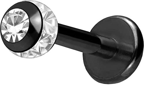 PIERCINGLINE Chirurgenstahl Labret Stecker EPOXY-RING-KUGEL + KRISTALL Piercing Lippe Ohr Nase Schwarz 3 x 1,2 x 8 mm