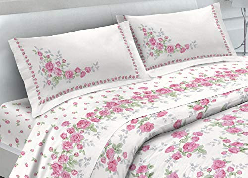 BIANCHERIAWEB Completo Lenzuola Letto In 100% Cotone Made In Italy Fantasia Floreale Fiori Disegno Cloe