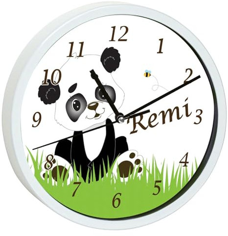 CreaDesign, Wanduhr für Kinderzimmer Panda Bär, Kinderuhr weiß mit Quarz Uhrwerk, personalisiert mit Name, Durchmesser 19,5 cm