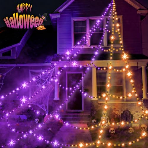 Makion 550 LEDs Halloween Decorations Outdoor Spider Web Lights with Spider