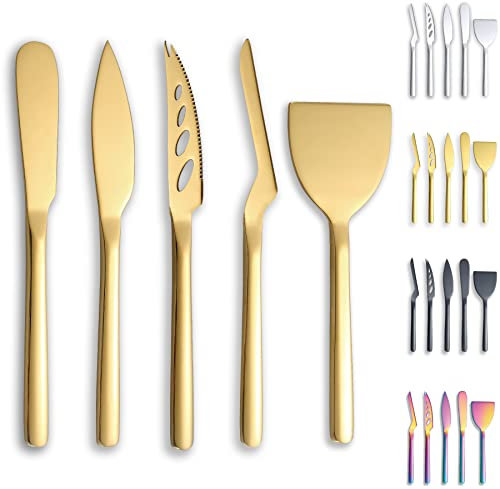 Berglander Käsemesser 5-teiliges Set, geeignet für alle Käsesorten, Edelstahl Käsemesser Schneidemaschine, ergonomisches Design, geeignet zum Greifen und Schneiden, Butterstreuer(Golden)