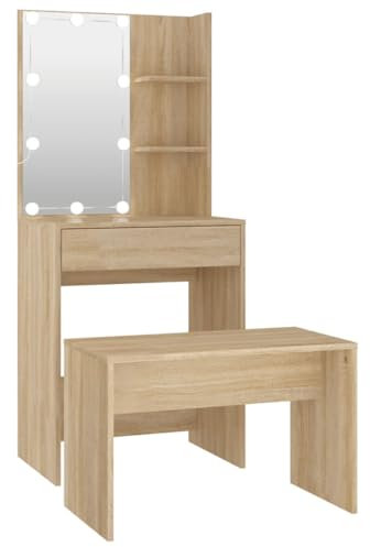 vidaXL Schminktisch Set mit LED Frisiertisch Kommode Frisierkommode Kosmetiktisch Hocker Spiegel Schminkhocker Schlafzimmer Sonoma-Eiche Holzwerkstoff