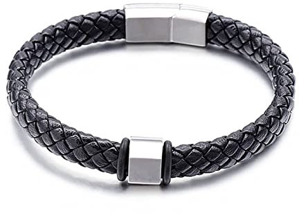 Armband Edelstahl Herren, Silber Armreif Männer Leder Einfachheit Weben 21.5CM Geflochtenes Seil 8MM Bracelet Modeschmuck Geschenke