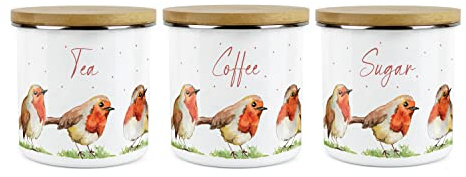 Purely Home English Robins Tea Coffee Sugar Canister Set - White Metal Enamel Kitchen Food Storage Containers