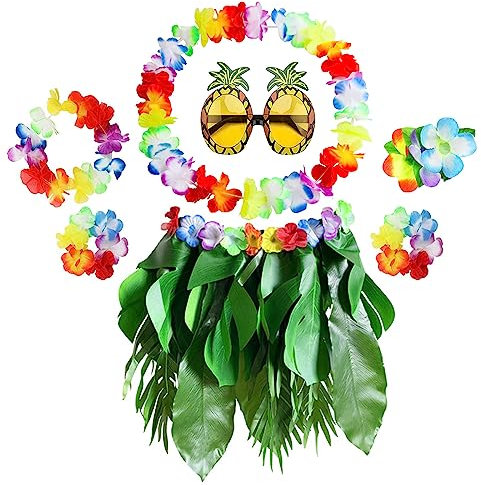 PHOGARY Damen Hawaii Kostüm Set mit 7 Teilen: Hula Rock, Blumenkette, Blume-Armbänder, Haarblume, Ananas-Sonnenbrille für Hawaii Party