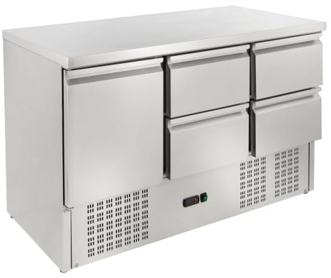 GastroHero Kühltisch, 348L, 1 Boden, 4 Schubladen, Edelstahl SH903-4D | passend für GN 1/1, inkl. 1 Rost & 1 Schienenpaar, Temperaturbereich +2°C bis +10°C, elektronisches Thermostat, Gastronomie