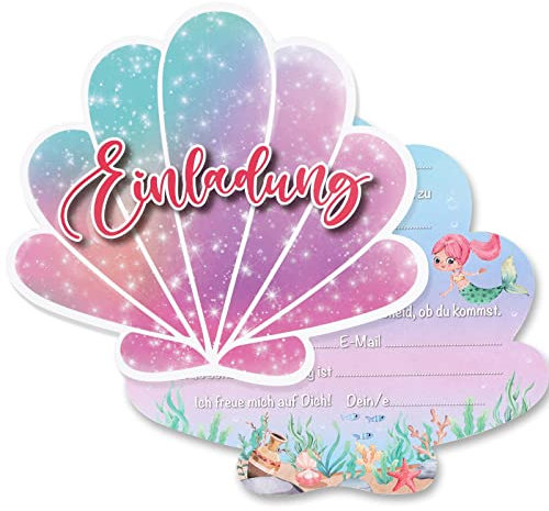 BHGT 12 Stück 14x13cm Einladungskarten Kindergeburtstag Mädchen Muschel-Motiv Meerjungfrau Geburtstag Einschulung Einladungen Karten Party Mitgebsel für Kinder Junge