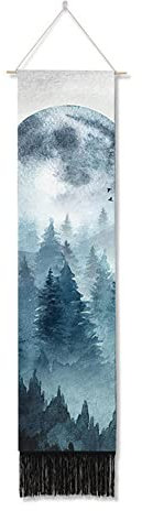 Ricemru Schmale Wandteppich Wald Nebel Wandbehang Baumkrone Nachthimmel Baum Moon Wandtuch Forest Berglandschaft Wanddeko Tapestry Wandkunst Deko
