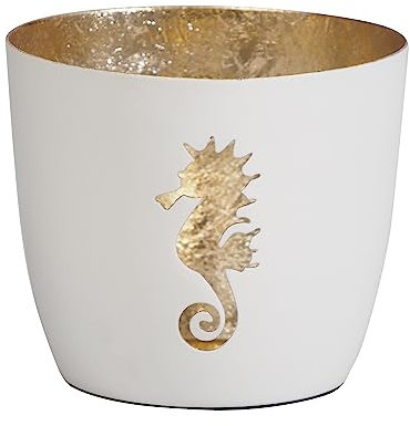 Seaside No.64 - Maritime Windlichter Baltic aus Metall mit ausgestanzten Motiven - Verschiedene Farbkombinationen für Teelichter & Stumpenkerzen in Haus und Garten (Seepferdchen - weiß, Gold)