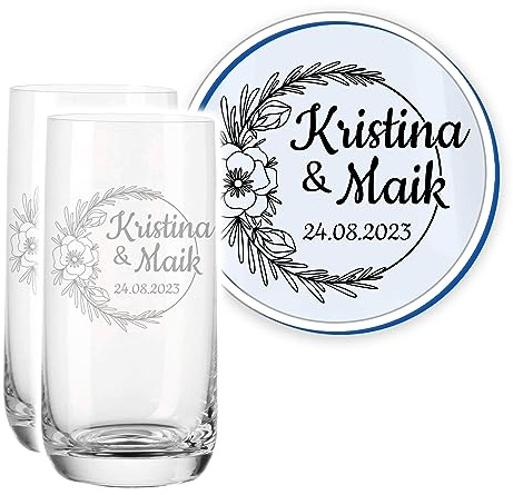 LALALO Leonardo Hochzeit Trinkglas Geschenk-Set (2 St.) graviert, Trinkgläser mit Gravur personalisiert als Hochzeitsgeschenk, Wasserglas/Longdrink-Glas zum Hochzeitstag (Rosenromantik)