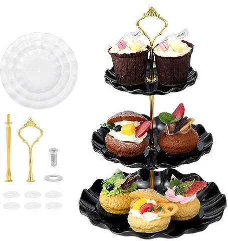 Mynoozi 2 Pcs 3 Tiers Cake Display Stand, Reusable Cupcake Holders for Afternoon Tea, Plastic Cake Fruit Dessert Serving Platter Stand, Cake Display Tower for Birthday, Wedding, Party-Black and White