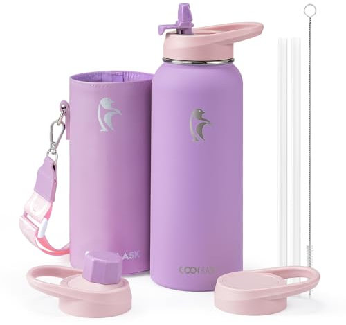 Coolflask 40 oz Water Bottle Insulated with PU Leather Sleeve, Water Bottle Stainless Steel Metal with Straw Lid and Spout Lid, Double Vacuum Keep Cold 48h Hot 24h Water Flask, Lilac Purple, 20017