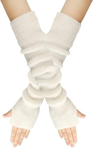 MoreChioce 1 Paar Frauen Lange Fingerlose Handschuhe, Winter Gestrickt Armstulpen Ellenbogenlange Handgelenk Pulswärmer Damen Halbfingerhandschuhe Fäustlinge Strickhandschuhe mit Daumenloch,Weiß