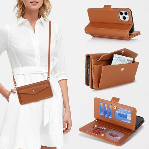 Zouzt for iPhone 11 Pro Max Wallet Case for Women, Purse with Credit Card Holder Slots Crossbody Lanyard Strap Flip Folio Book Shockproof Protective Cover for Apple iPhone 11 Pro Max 6.5 Inch (Brown)