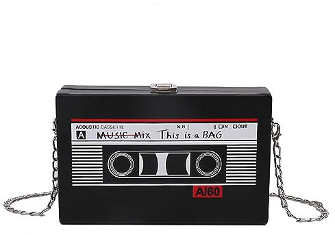 ALINUOYQ Damen-Luxus-Retro-Tasche, Radio-Form, PU-Leder, Kassettenrekorder-Druck, Mini-Ketten-Geldbörse, Damen-Tagestasche for den Pendelverkehr