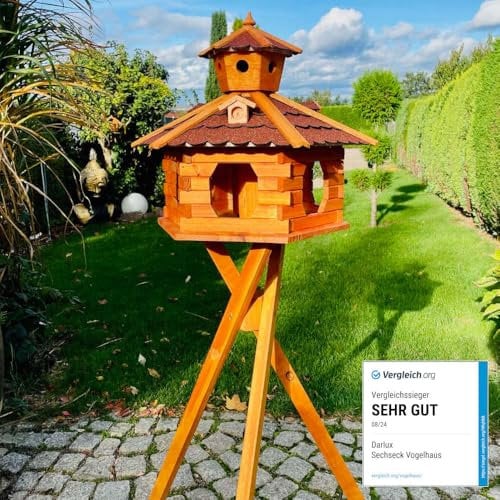 DARLUX handgefertigtes Sechseck Vogelhaus aus Holz wetterfest M - XXL mit und ohne Ständer, Futterhaus, Futterhäuschen (Größe XXL mit Ständer, Rot - Braun)