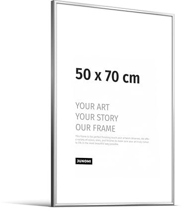 JUNOMI® Bilderrahmen 50x70 cm Aluminium | Farbe Silber (glänzend) | Wanddeko Metall mit bruchsicherem Acryl-Glas | Bilderrahmen Metall